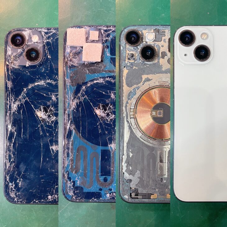 iPhone13の背面ガラス割れ修理 Before After